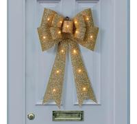 New Festive Feeling Battery Operated Light-Up Christmas Bow - 15 Ultra Bright LED Lights, Indoor & Outdoor Decorative Christmas Bow for Doors G-104 (Gold)