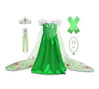 New front Girl Fancy Dress with Long Train Princess Elsa Snow Costume for Christmas Birthday Gift Carnival Short-sleeve 3-8 years Dress Up Magic Wand Crown Braid,Green,120