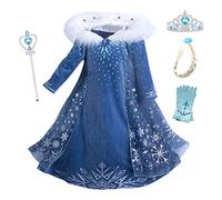 New front Kids Costume for Princess Elsa Girl Fancy Dress with Accessories Long-sleeve Birthday Christmas Carnival Dress Up for Pageant Fairy Tale Snowflake Print,Blue,120