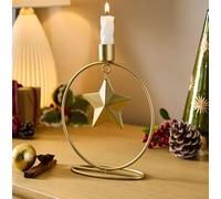 New FT- Store Gold Taper Candle Holder With Hanging Star- W 15cm X D 5cm- Designed With A Delicate Hanging Star Detail - Brings A Festive Touch With A Modern Twist -D01