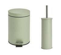 NEW Generic Sage Green Bathroom Accessory Set - Bin & Toilet Brush, Carbon Steel & Chrome, Soft Close, Washable Inner, Matte Sage Finish