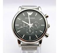 NEW GENUINE EMPORIO ARMANI MENS WATCH AR1808 SILVER MESH STRAP WITH BLACK DIAL