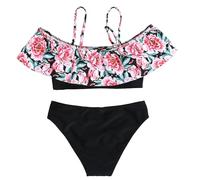 New Girls Flowers Fashion Split Swimsuit Small Middle and Large Children Swimwear Children's Bikini Size 12 Girl Bathing Suit (Black, 7-8 Years)
