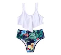 New Girls Swimsuit Split Ruffles Floral Leaves Small Middle and Large Children Swimwear Bikini Big Kids Bathing Suit (White, 7-8 Years)