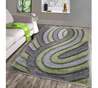 NEW GREEN GREY SILVER SILKY SOFT SHAG PILE RUG SWIRL DESIGN CONTEMPORARY SHAGGY MAT (80X150CM)
