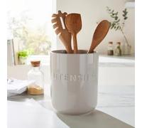 New Grey Ceramic Utensil Holder - Embossed with Utensils Text, Strong and Durable Design for Wooden Spoons, Serving Spoons,Everyday Kitchen Use, Stylish Countertop Decor - M74