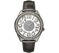NEW GUESS GUNMETAL LEATHER,CRYSTALS GLITZ,CLEARLY QUIZ CLEAR DIAL WATCH-W13096L2