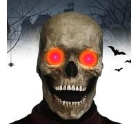 New Halloween Full Head Skull Mask, Halloween Realistic Mask with Movable Jaw & Light, Scary halloween costumes for Party (Color:Dark - Red Light)