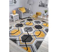 New Hand Carved Ochre Gold Grey Mustard Black Silver Small Extra Large Size House Rugs Cheap (Ochre Grey Hexagon, 200cm x 300cm)