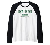 New Haven CT Settled 1638 Arched Varsity Green Letters Raglan Baseball Tee