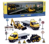 New Holland Construction Toy Set, Die-Cast Backhoe Loader with Flatbed Truck and Road Signs, Ages 5+
