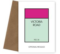 New Home Card for Housewarming - Monopoly Style Greetings Card to Say Welcome to your New Home - For Moving House Changing Address and 1st Adventure Beginnings and Good Luck - Personalised (Pink)