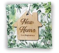 New Home Card with Wooden Hanging House Plaque Decoration Keepsake New House card Gift For Housewarming Party, Ideal as First Home Card and Moving House Cards (Ribbon Attached)