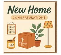 New Home Congratulations Card - Cute Housewarming Greeting Card with Moving Box and Plant Illustration - Home Sweet for Family, Friends or Neighbours