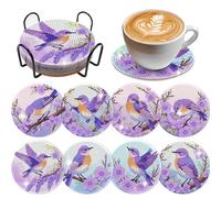 New Home Gifts, DIY Diamond Painting Coasters Kit, 8Pcs Abstract Purple Bird Art Coasters with Holder, Mosaic Coaster Kits Set for Adults, Stress Relief Handmade Gift for Home and Kitchen (Birdy)