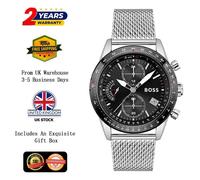 Hugo Boss Pilot Edition Chronograph 1513886 Men's Watch - 44mm Black Dial Silver Mesh Bracelet