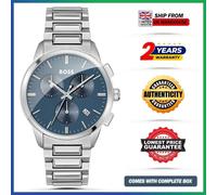 New HUGO BOSS HB1513927 Chronograph Silver Steel Strap Blue Dial Mens Watch 43mm