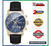 New HUGO BOSS Skymaster HB1513783 Black Leather Strap Blue Dial Mens Watch 44mm