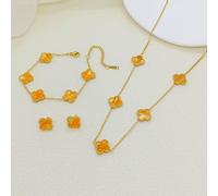 (New imitation gold shell set) Lucky Five-flower Four-leaf Clover Set, jewelry bracelet, versatile and fashionable necklace, Stud earrings, Three-piece set