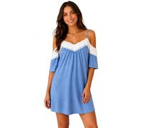 New in Italian Ladies Denim Style Off Shoulder Bardot Buttoned,LaceTrim,Shoulder Ruffle Frill Dress/Top Sizes 8-16 (One Size (UK Size 8-14), Denim Strappy Lace Trim)