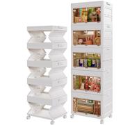 NEW Integrated Storage Boxes with Lid 40L*5 Tier One-Piece Design Plastic Storage Boxes, Flip-Door Foldable Stackable Bins with Wheels, Stackable Drawers Containers for Home Office Organisation