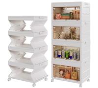 NEW Integrated Storage Boxes with Lid 60L*4 Tier One-Piece Design Plastic Storage Boxes, Flip-Door Foldable Stackable Bins with Wheels, Stackable Drawers Containers for Home Office Organisation