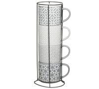 New Jumbo Embossed Stacking Mugs Set of 4 with Storage Rack - Large Tea & Coffee Mugs, Stylish Matching Designs, Space-Saving Stackable Mug Holder A-18