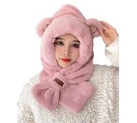 New Knitted Faux Fur Trim Animal Ear Balaclava Hood Scarf Beanie Hat Fluffy (Pink with Ears)