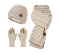 New Knitted Hat Scarf Gloves Women's Cold Proof Warm Keeping Three Set Scarf Gloves Hat Set Light (Khaki, One Size)