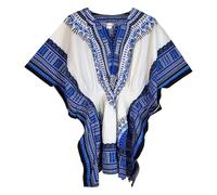 New Ladies African Dashiki Top Tunic Dress Blouse Kaftan 100% Cotton (White N Blue)