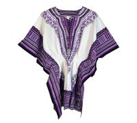 New Ladies African Dashiki Top Tunic Dress Blouse Kaftan 100% Cotton (White N Purple)