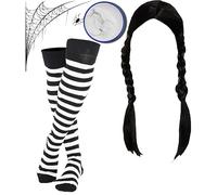 New Ladies Halloween Costume Accessories THE ADDAMS FAMILY Plaints Wig White Face Paint and Over the knee Socks Fancy Dress Costume Accessories (Mega_Jumble)