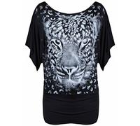 New Ladies Leopard Tiger Animal Print Short Batwing Sleeve T-Shirt Womens Short Sleeve Printed Stretch Fit Top Plus Size Black Size 16 - 18
