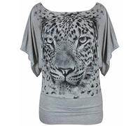 New Ladies Leopard Tiger Animal Print Short Batwing Sleeve T-Shirt Womens Short Sleeve Printed Stretch Fit Top Plus Size Light Grey Size 20-22