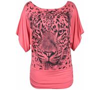 New Ladies Leopard Tiger Animal Print Short Batwing Sleeve T-Shirt Womens Short Sleeve Printed Stretch Fit Top Plus Size Coral Size 16-18
