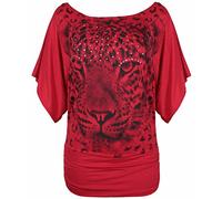 New Ladies Leopard Tiger Animal Print Short Batwing Sleeve T-Shirt Womens Short Sleeve Printed Stretch Fit Top Plus Size Red Size 24-26