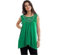 New Ladies Long Beaded Diamante Sleeveless T-Shirt Tops Womens Scoop Neck Stud Bead Vest Top Plus Size (26-28, Jade Green)