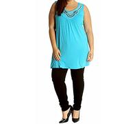 New Ladies Long Beaded Diamante Sleeveless T-Shirt Tops Womens Scoop Neck Stud Bead Vest Top Plus Size (24-26, Turquoise)