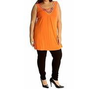 New Ladies Long Beaded Diamante Sleeveless T-Shirt Tops Womens Scoop Neck Stud Bead Vest Top Plus Size Orange Size 26 - 28