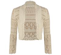New Ladies Long Sleeve Crochet Bolero Shrug Top Womens Plain Cropped Knitted Open Cardigan Tops Stone Size 12 - 14
