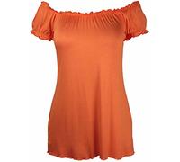New Ladies Off Shoulder Gathered T-Shirt Tops Womens Gypsy Boho Ruched Elasticated Stretch Top Plus Size Orange Size 14