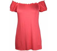 New Ladies Off Shoulder Gathered T-Shirt Tops Womens Gypsy Boho Ruched Elasticated Stretch Top Plus Size Coral Size 22 - 24
