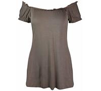 New Ladies Off Shoulder Gathered T-Shirt Tops Womens Gypsy Boho Ruched Elasticated Stretch Top Plus Size Mocha Light Brown Size 14