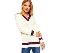 New Ladies V Neck Cable Knitted Cricket Jumper Womens Stretch Long Sleeve Stripe Top Cream Size 12 - 14