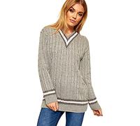 New Ladies V Neck Cable Knitted Cricket Jumper Womens Stretch Long Sleeve Stripe Top Grey Size 12 - 14