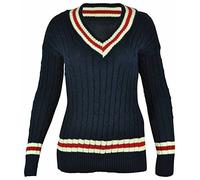New Ladies V Neck Cable Knitted Cricket Jumper Womens Stretch Long Sleeve Stripe Top Navy Size 8 - 10