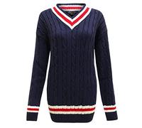 New Ladies V Neck Cable Knitted Cricket Jumper Womens Stretch Long Sleeve Stripe Top Navy Size 8 - 10