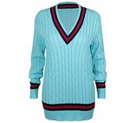 New Ladies V Neck Cable Knitted Cricket Jumper Womens Stretch Long Sleeve Stripe Top Turquoise Size 8-10