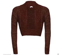 New Ladies Womens Long Sleeve Shiny Knitted Metallic Lurex Shrug Bolero Cardigan Top Size 8-24 Brown