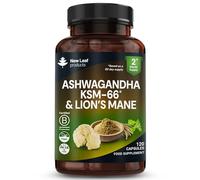 New Leaf Ashwagandha KSM-66 & Lion's Mane Capsules, 2000mg High Strength | Ashwagandha Root Extract & Lion's Mane Mushroom, Ashwagandha Supplements, 120 Vegan Capsules, Black Pepper, Made in UK